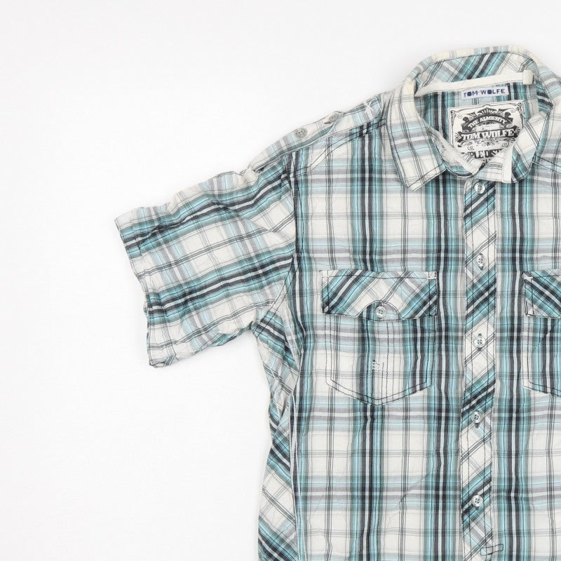 Tom Wolfe Men Blue L Plaid Short Sleeve Button-Up Graphic Shirt