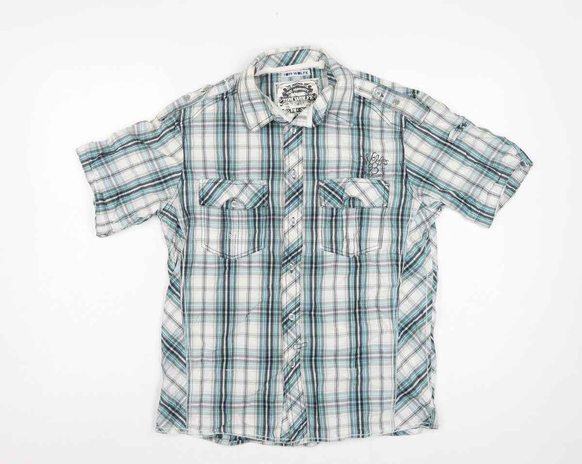 Tom Wolfe Men Blue L Plaid Short Sleeve Button-Up Graphic Shirt
