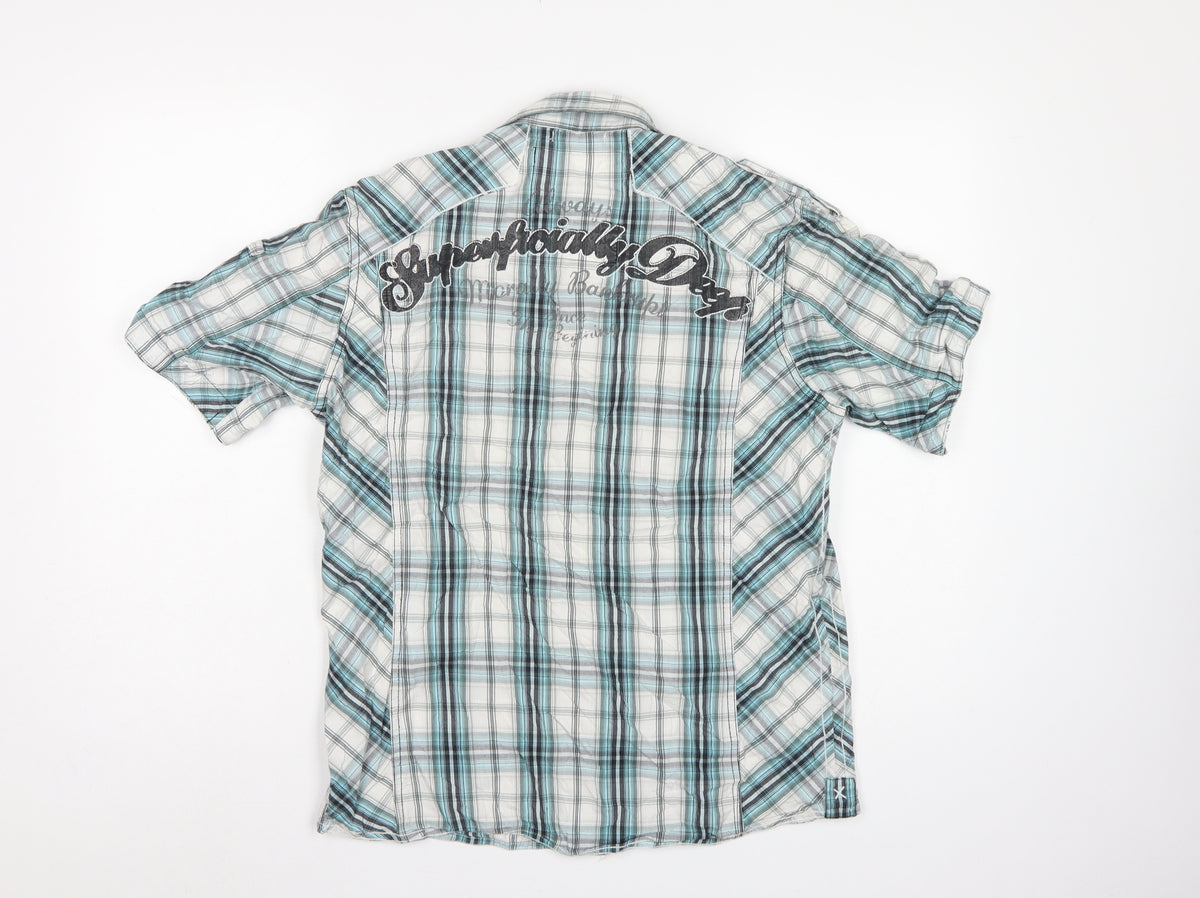 Tom Wolfe Men Blue L Plaid Short Sleeve Button-Up Graphic Shirt