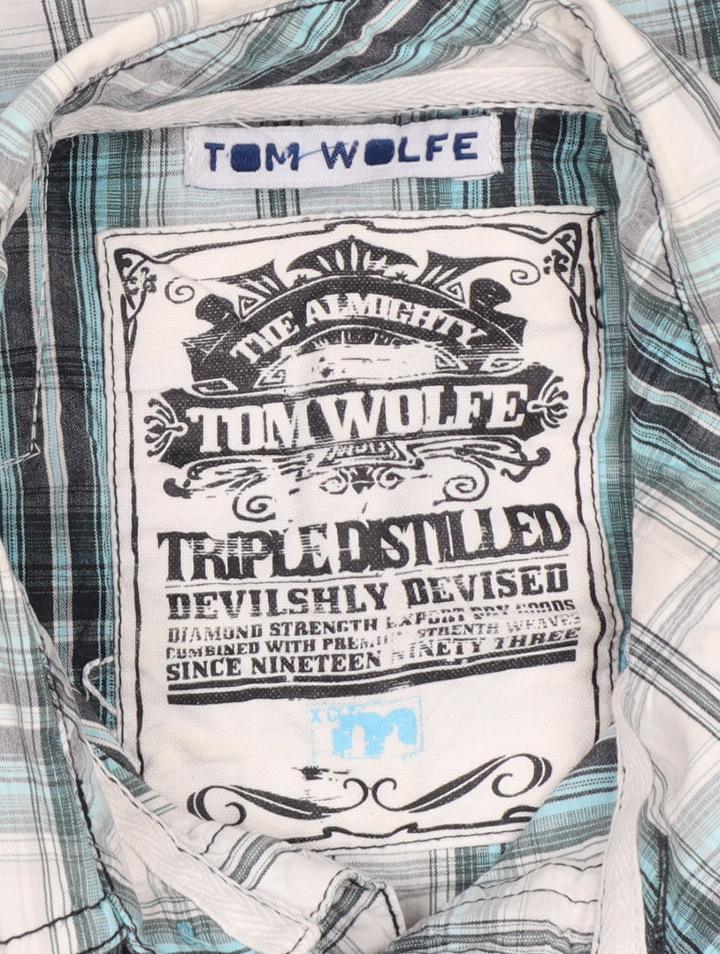 Tom Wolfe Men Blue L Plaid Short Sleeve Button-Up Graphic Shirt