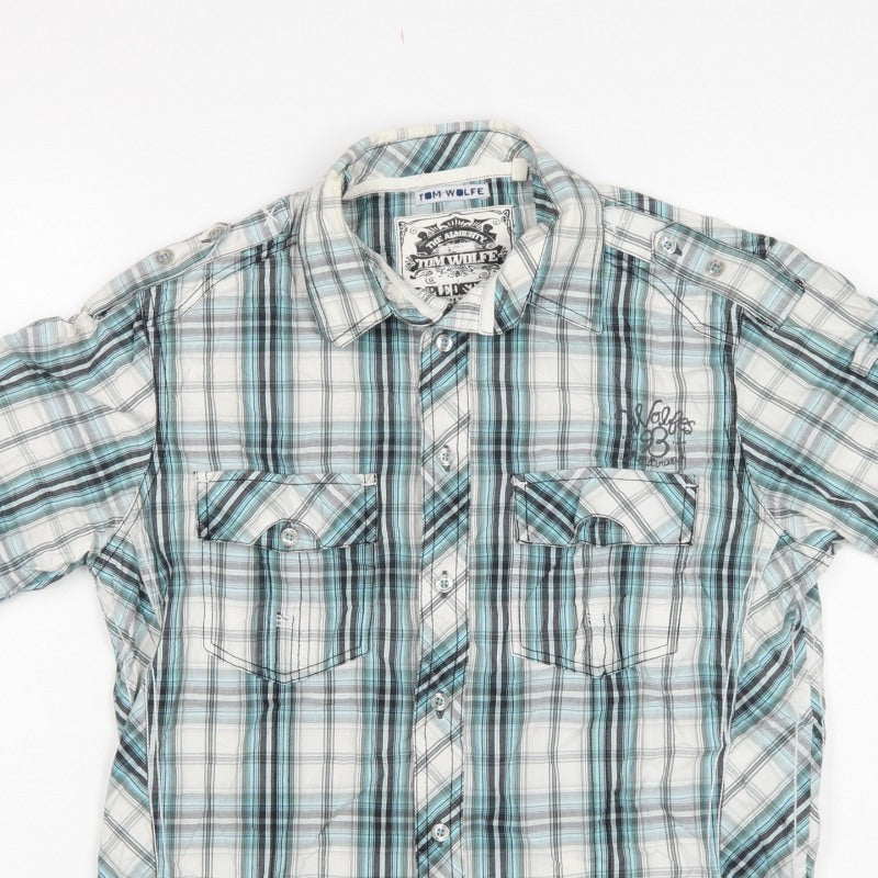 Tom Wolfe Men Blue L Plaid Short Sleeve Button-Up Graphic Shirt