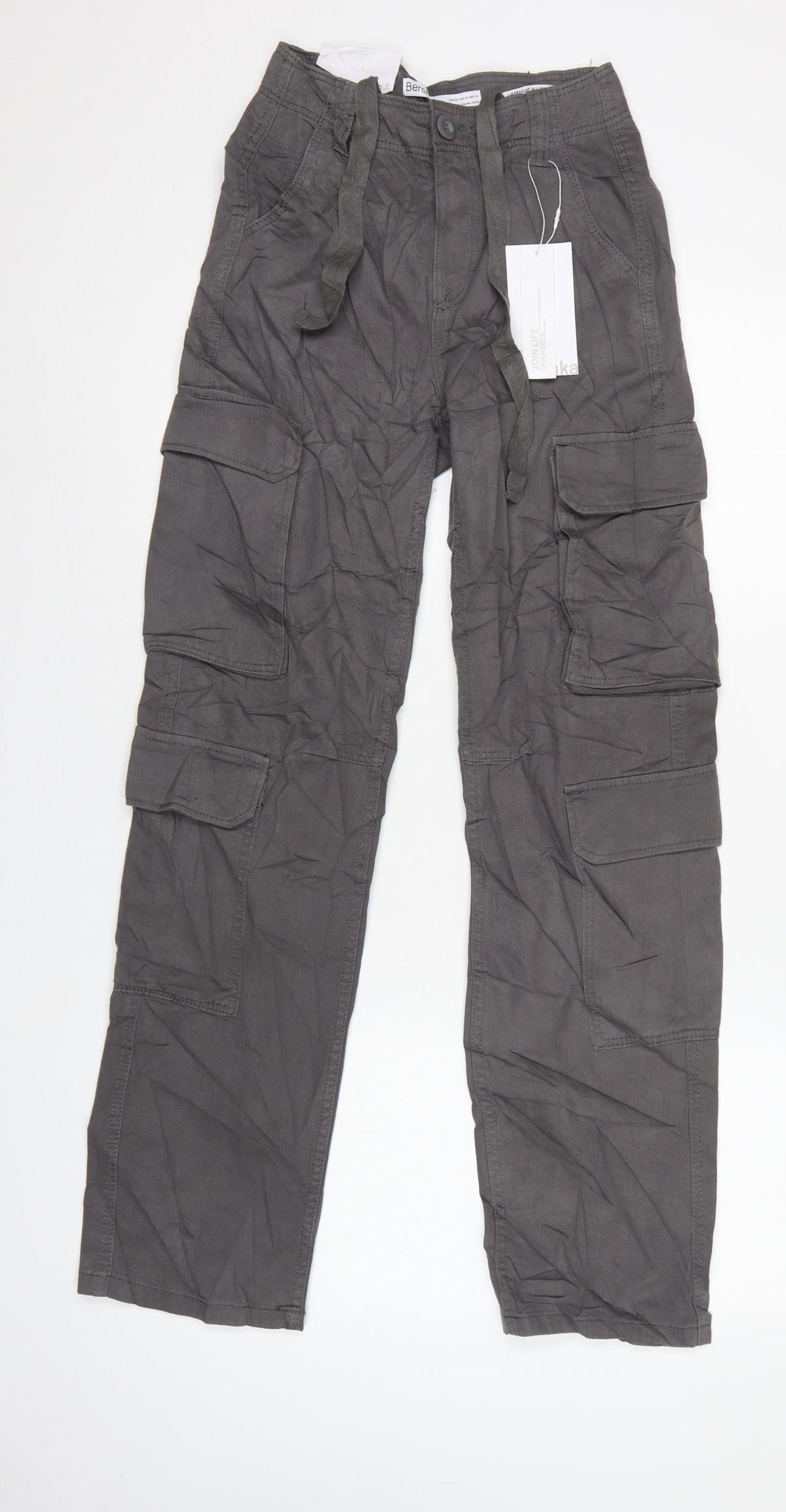 Bershka Women’s Grey UK 4 Cotton Cargo Trousers Drawstring Pockets