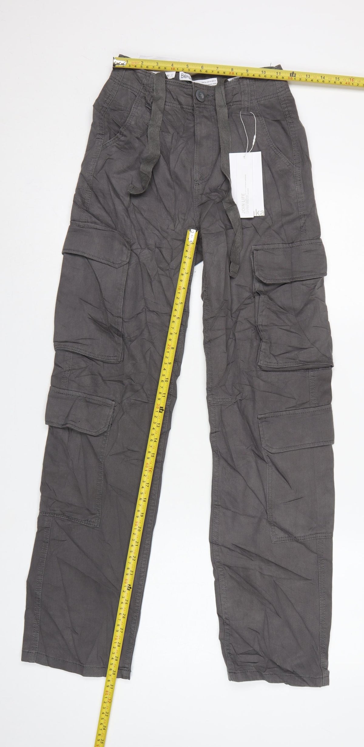 Bershka Women’s Grey UK 4 Cotton Cargo Trousers Drawstring Pockets