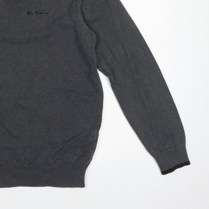 Ben Sherman Men’s Grey V-Neck Logo Knit Pullover Jumper L