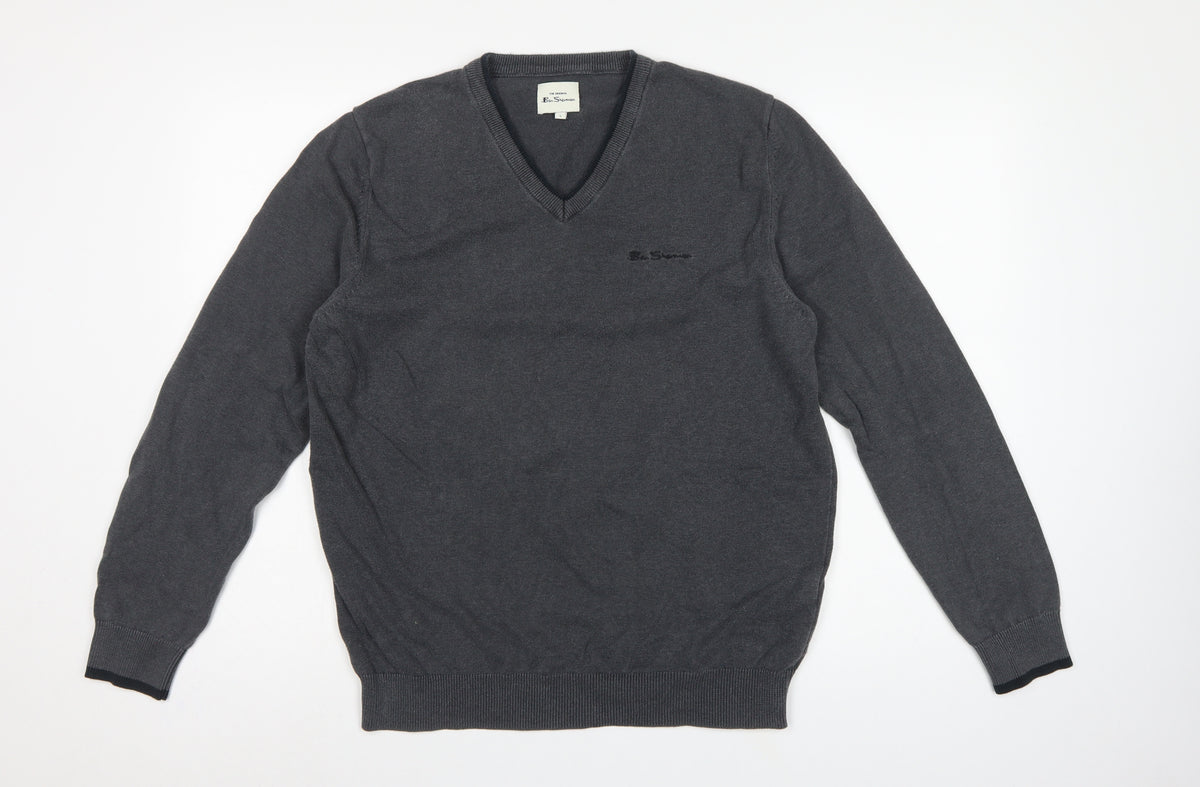 Ben Sherman Men’s Grey V-Neck Logo Knit Pullover Jumper L