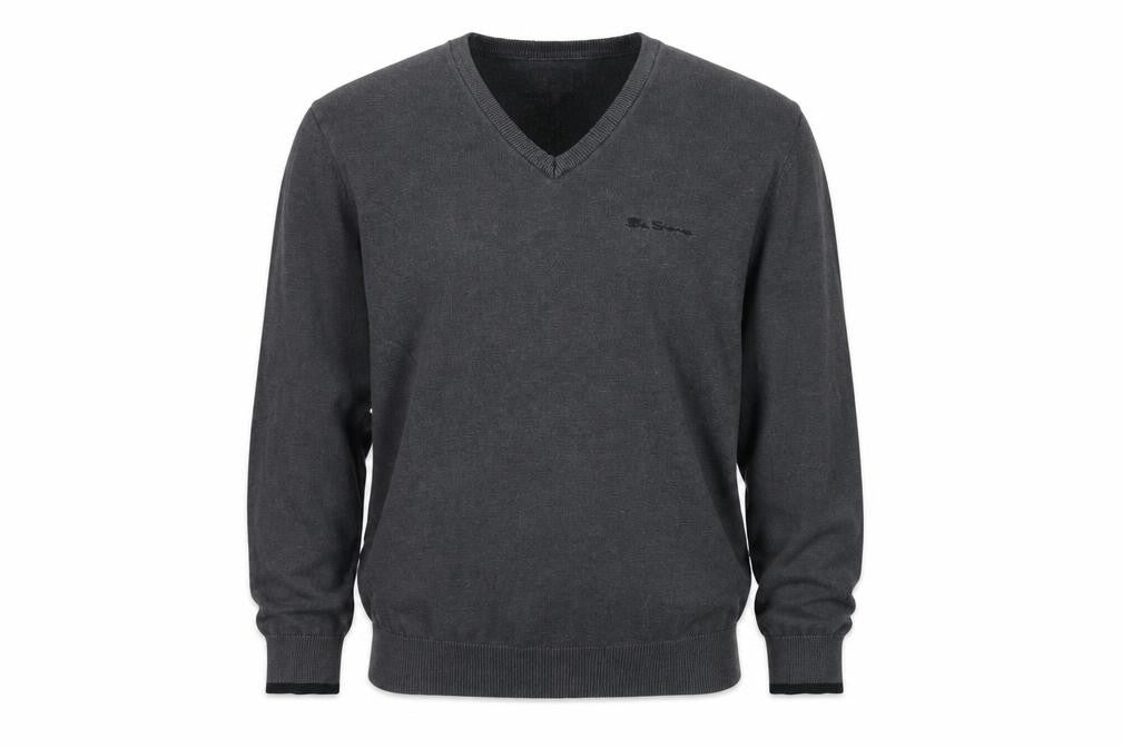 Ben Sherman Men’s Grey V-Neck Logo Knit Pullover Jumper L