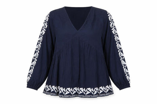 Marks and Spencer Women Blue UK 12 Boho V-Neck Embroidered Tunic Blouse