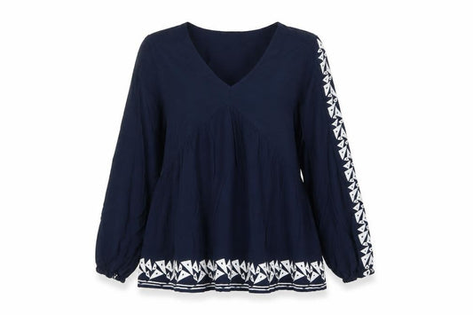 Marks and Spencer Women Blue UK 12 Geometric V-Neck Tunic Blouse