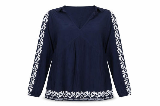 Marks & Spencer Women’s Blue UK 12 Geometric Embroidered V-Neck Tunic Blouse