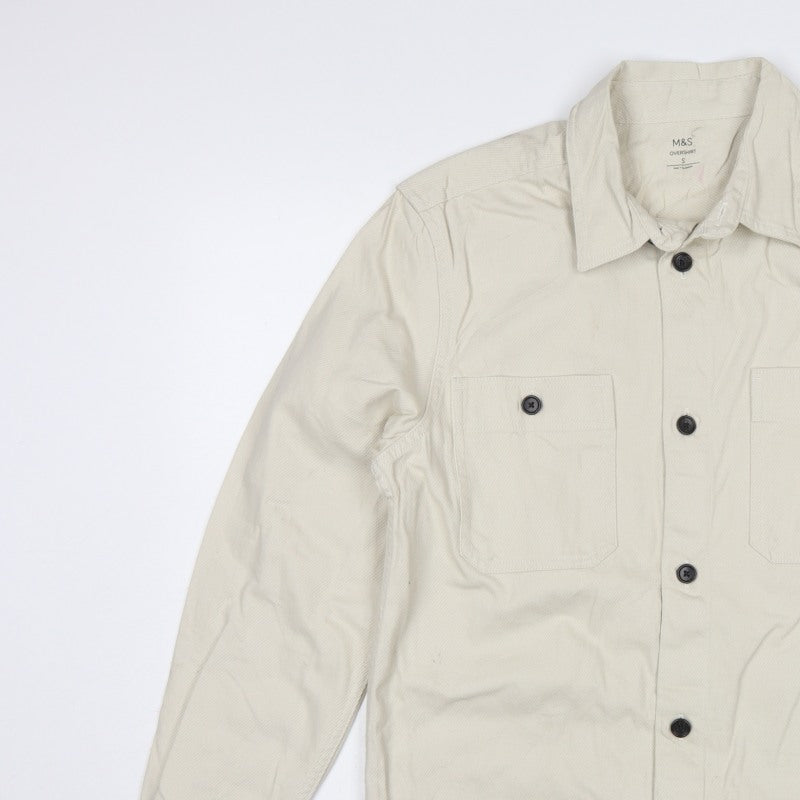 Marks & Spencer Men Ivory S Cotton Button Overshirt Basic Jacket
