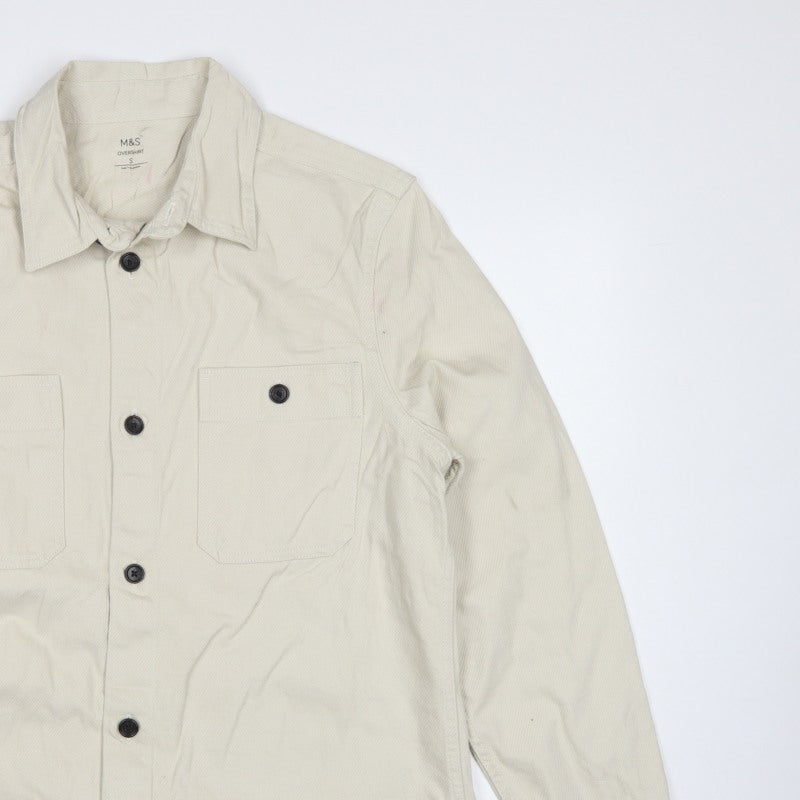 Marks & Spencer Men Ivory S Cotton Button Overshirt Basic Jacket