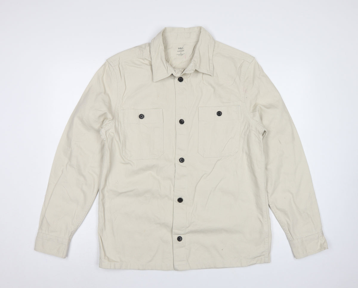 Marks & Spencer Men Ivory S Cotton Button Overshirt Basic Jacket