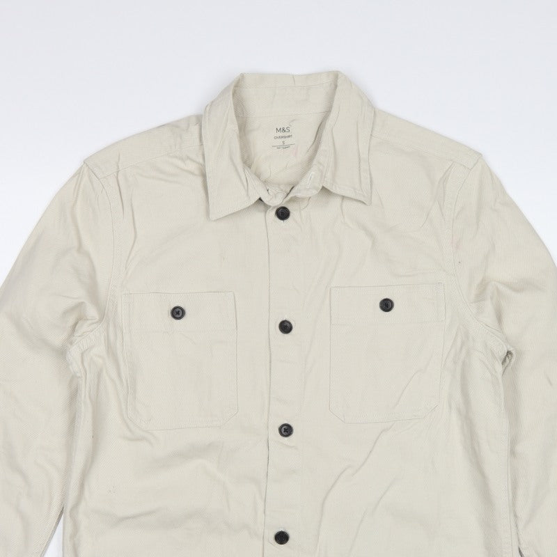 Marks & Spencer Men Ivory S Cotton Button Overshirt Basic Jacket