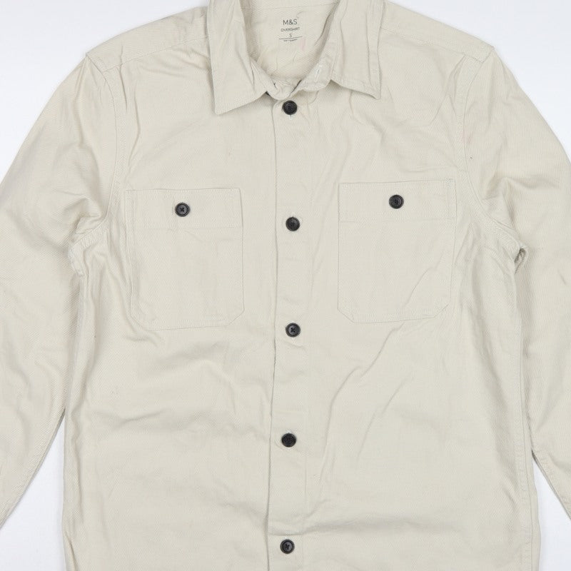 Marks & Spencer Men Ivory S Cotton Button Overshirt Basic Jacket