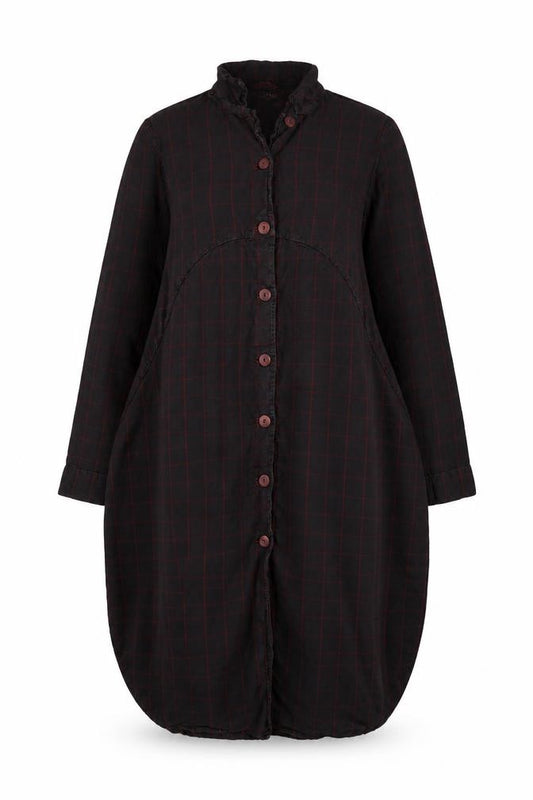 Grizas Women Black Check Linen Midi Shirt Dress Size S Long Sleeve