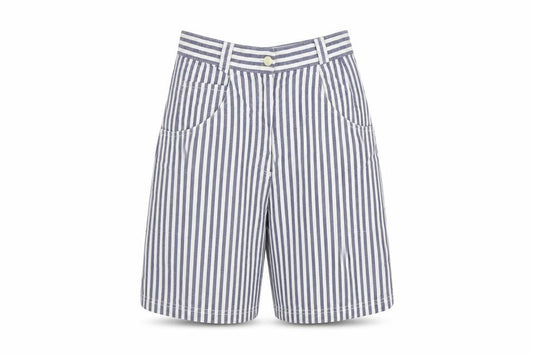 St Michael Women Blue White Stripe Cargo Shorts UK 12 High Rise Cotton