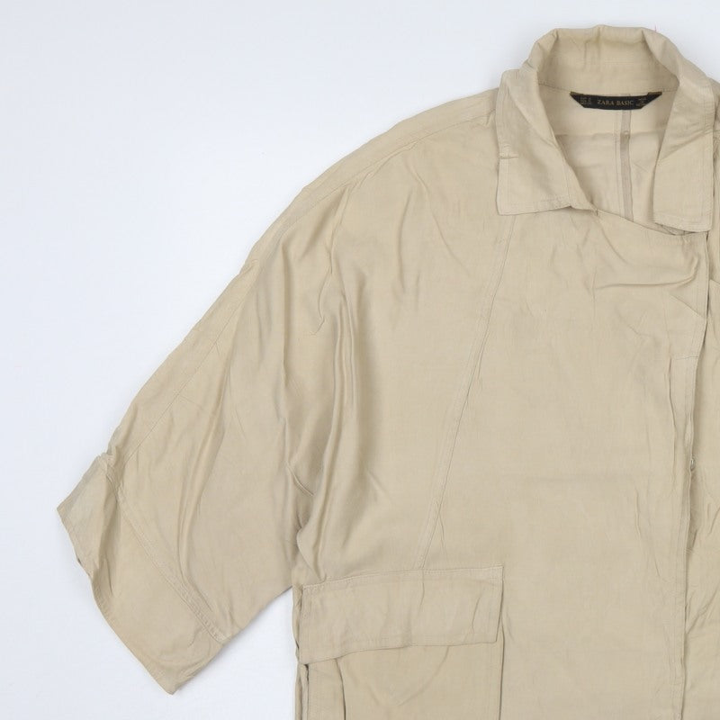 Zara Women Beige S Relaxed Utility Basic Jacket Zip Pockets