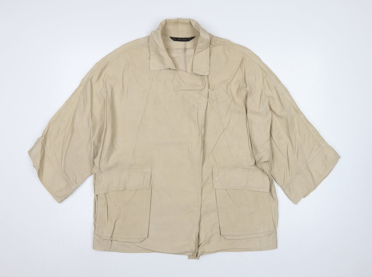 Zara Women Beige S Relaxed Utility Basic Jacket Zip Pockets
