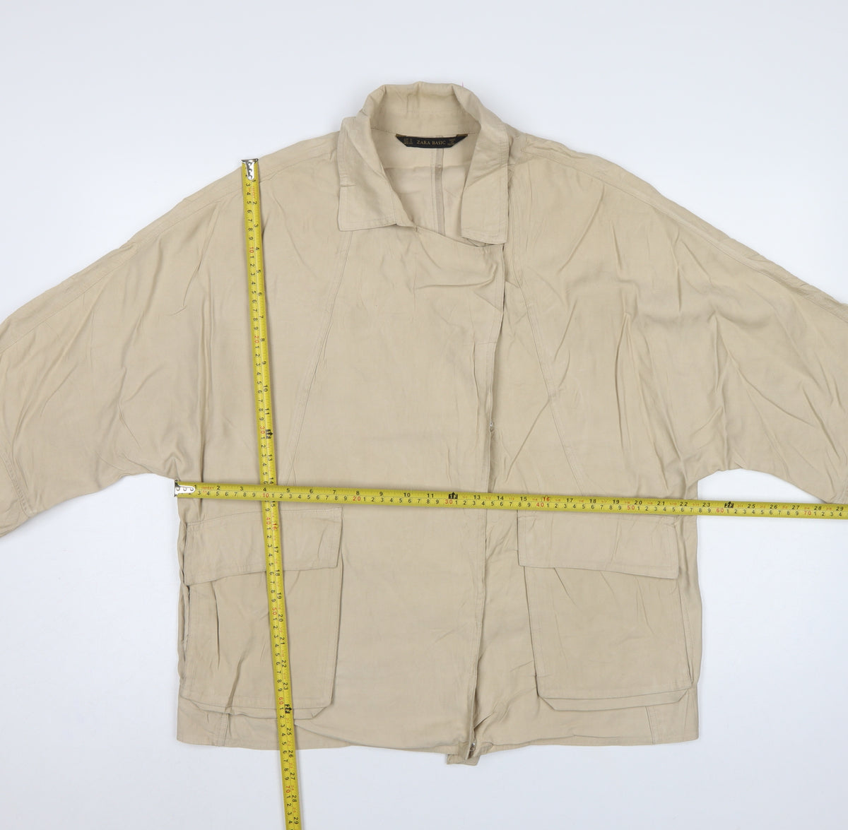 Zara Women Beige S Relaxed Utility Basic Jacket Zip Pockets