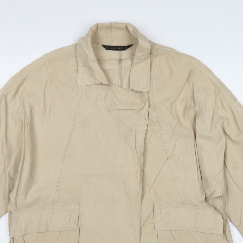 Zara Women Beige S Relaxed Utility Basic Jacket Zip Pockets