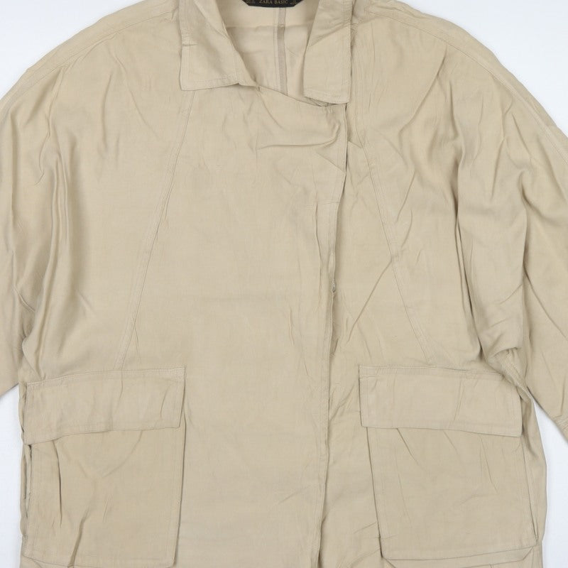Zara Women Beige S Relaxed Utility Basic Jacket Zip Pockets
