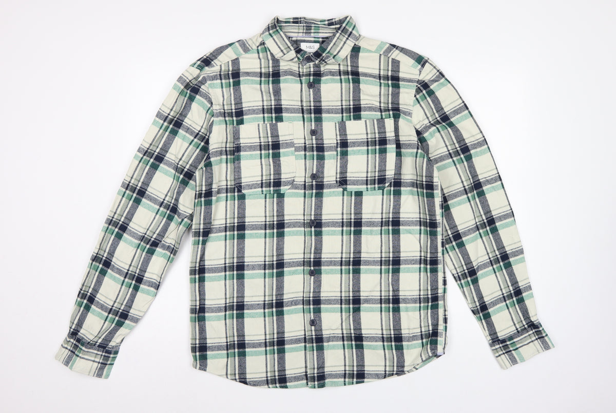 M&S Men’s Green Navy Plaid Cotton Overshirt S Button-Down