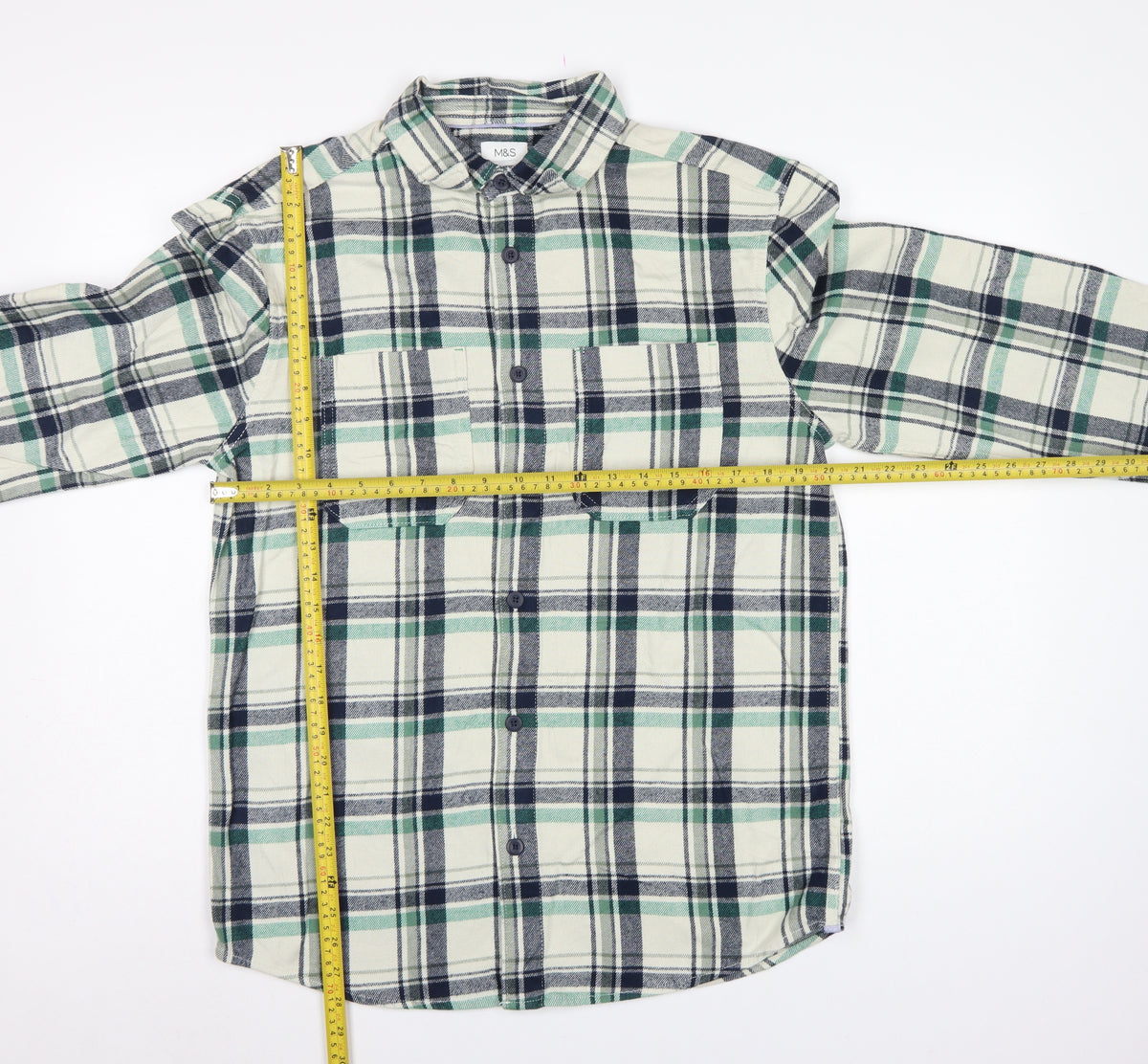 M&S Men’s Green Navy Plaid Cotton Overshirt S Button-Down