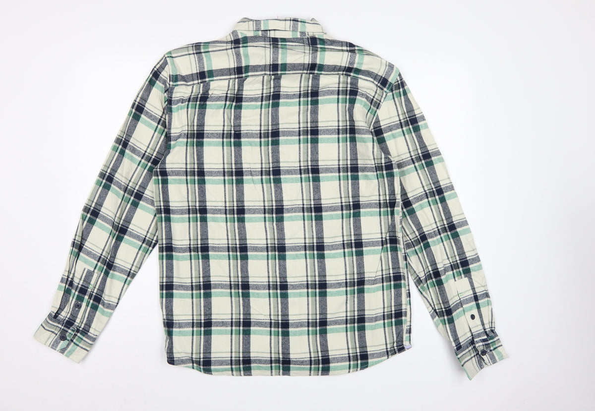 M&S Men’s Green Navy Plaid Cotton Overshirt S Button-Down