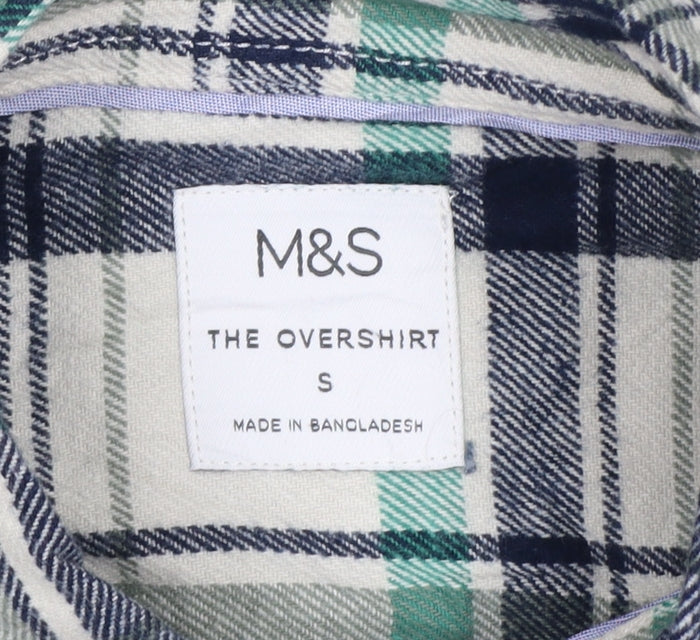 M&S Men’s Green Navy Plaid Cotton Overshirt S Button-Down