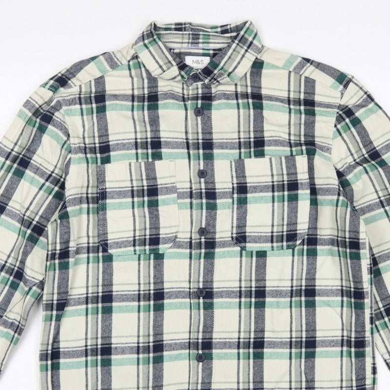 M&S Men’s Green Navy Plaid Cotton Overshirt S Button-Down