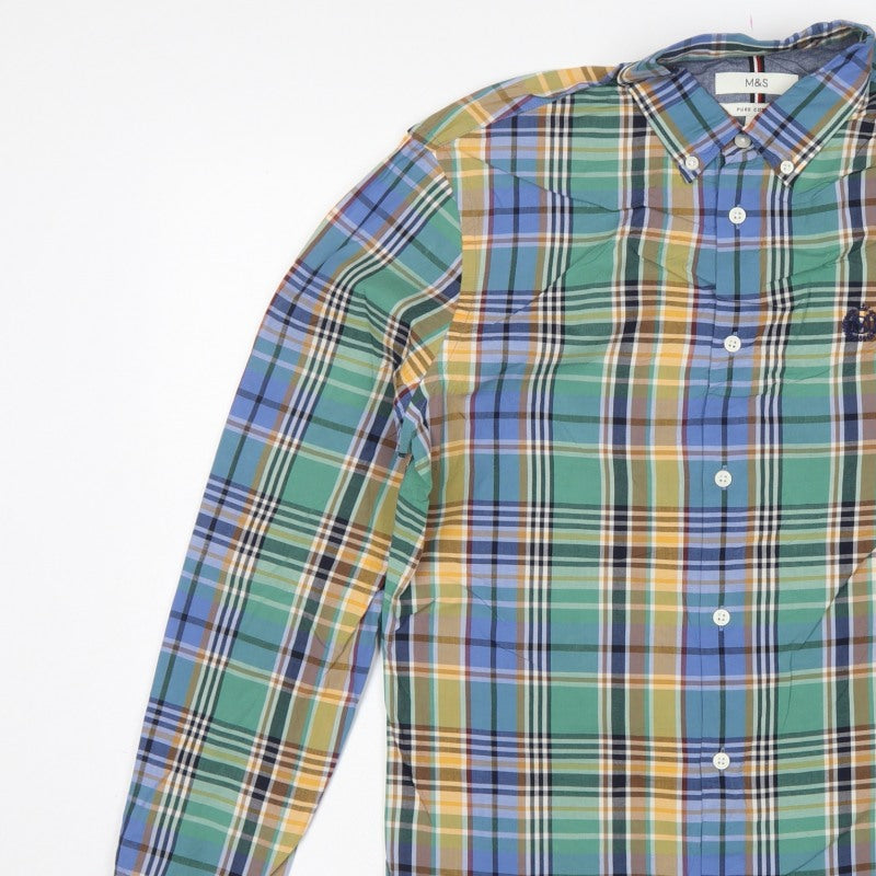 Marks and Spencer Men’s Multicoloured S Cotton Plaid Button-Down Shirt