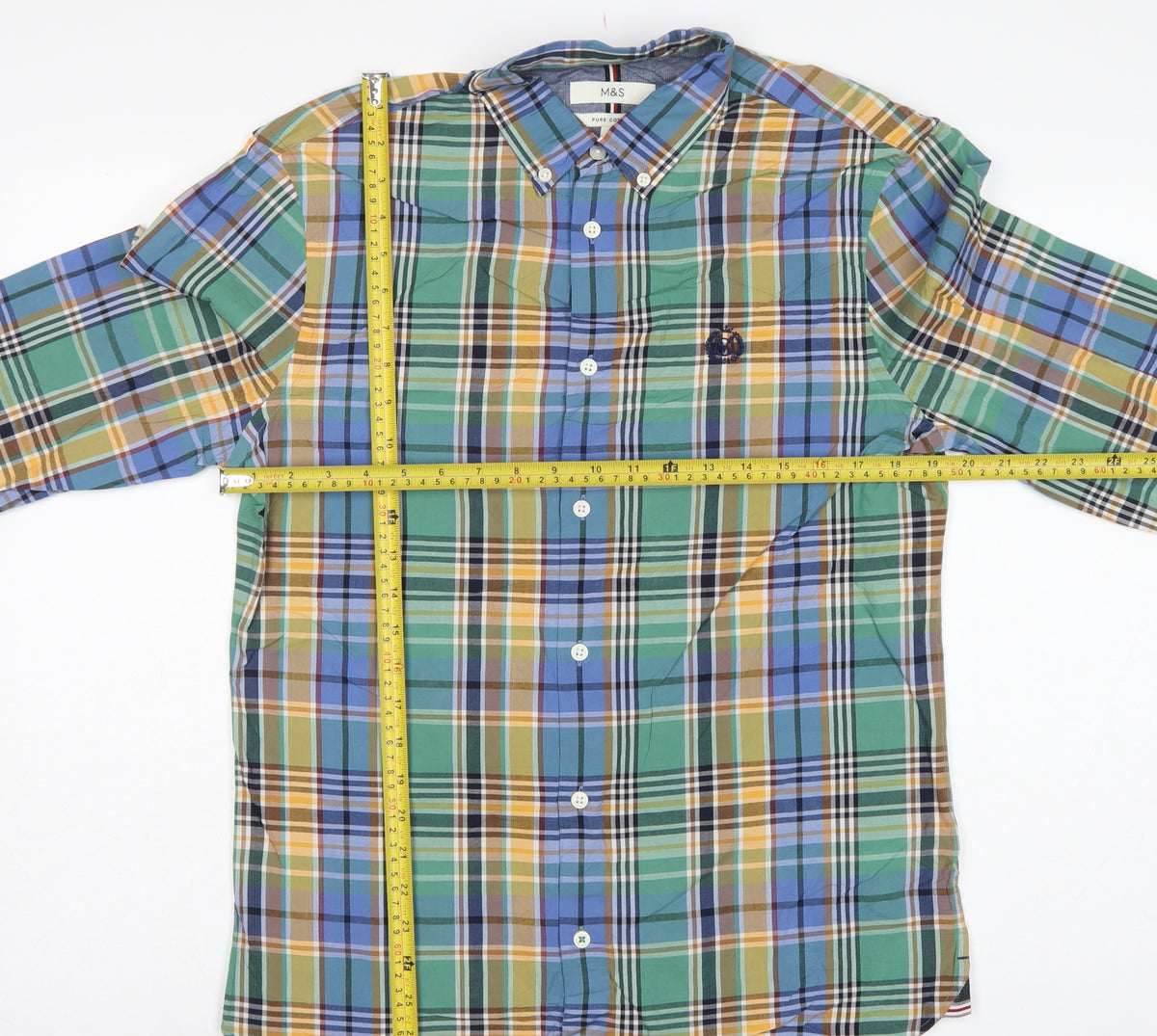 Marks and Spencer Men’s Multicoloured S Cotton Plaid Button-Down Shirt