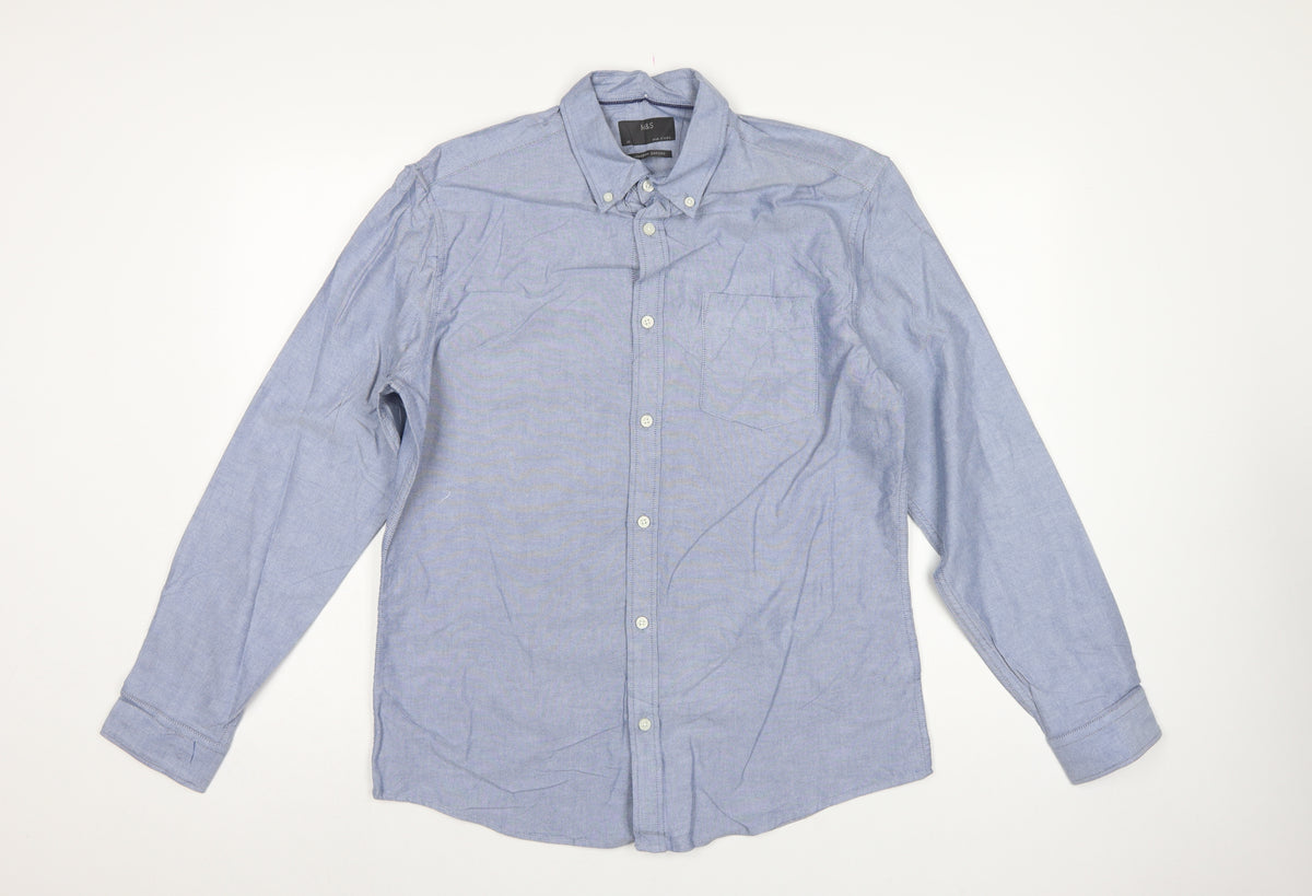 Marks and Spencer Men Blue M Oxford Cotton Button-Down Long Sleeve Shirt