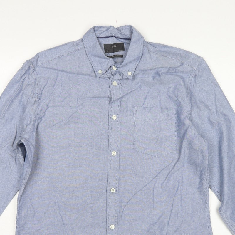 Marks and Spencer Men Blue M Oxford Cotton Button-Down Long Sleeve Shirt
