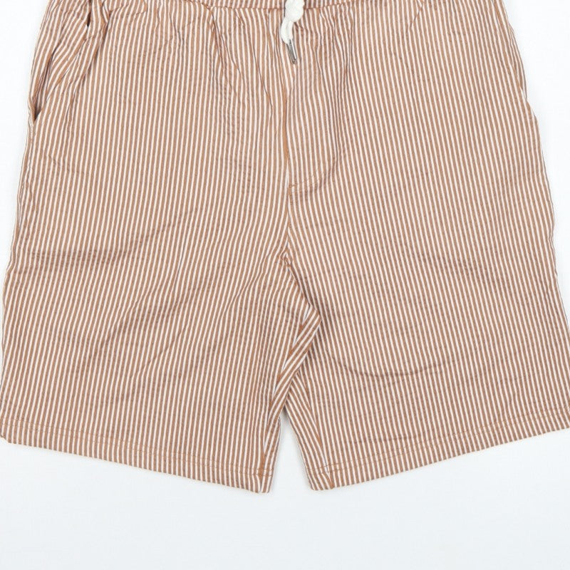 Marks and Spencer Men Beige S Striped Drawstring Casual Shorts