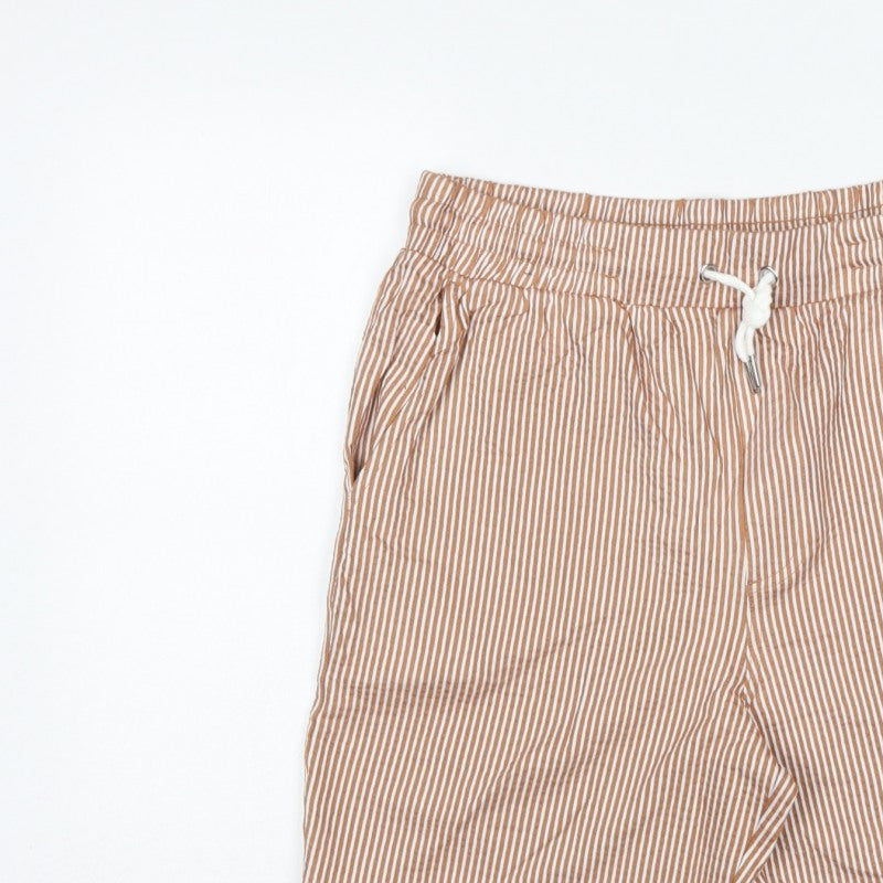 Marks and Spencer Men Beige S Striped Drawstring Casual Shorts
