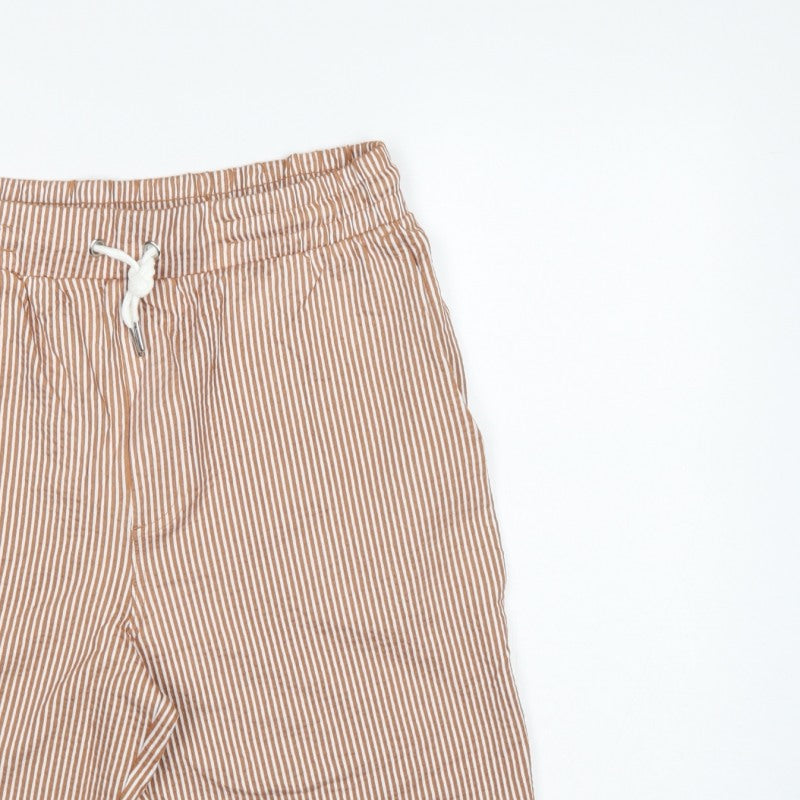 Marks and Spencer Men Beige S Striped Drawstring Casual Shorts