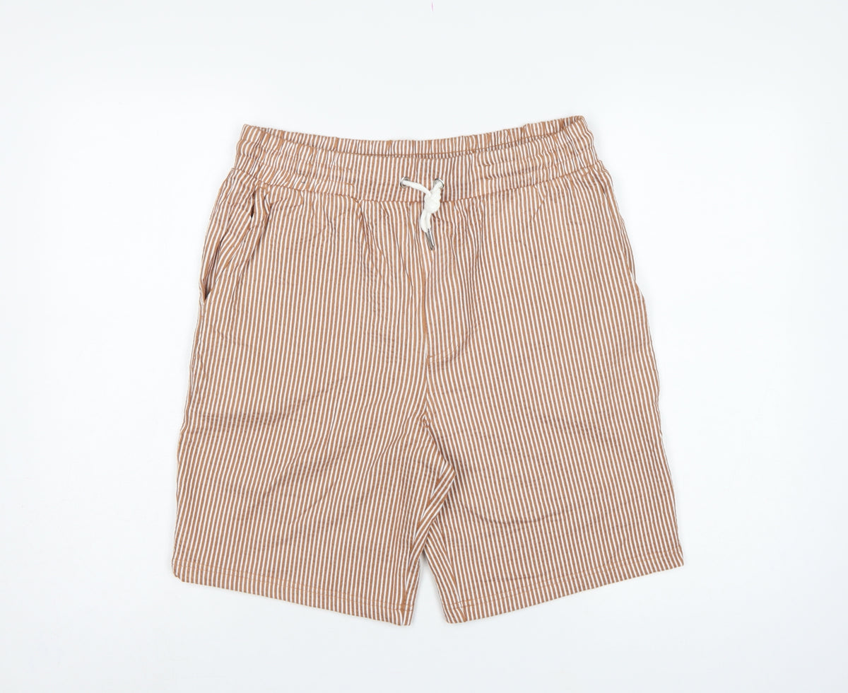Marks and Spencer Men Beige S Striped Drawstring Casual Shorts