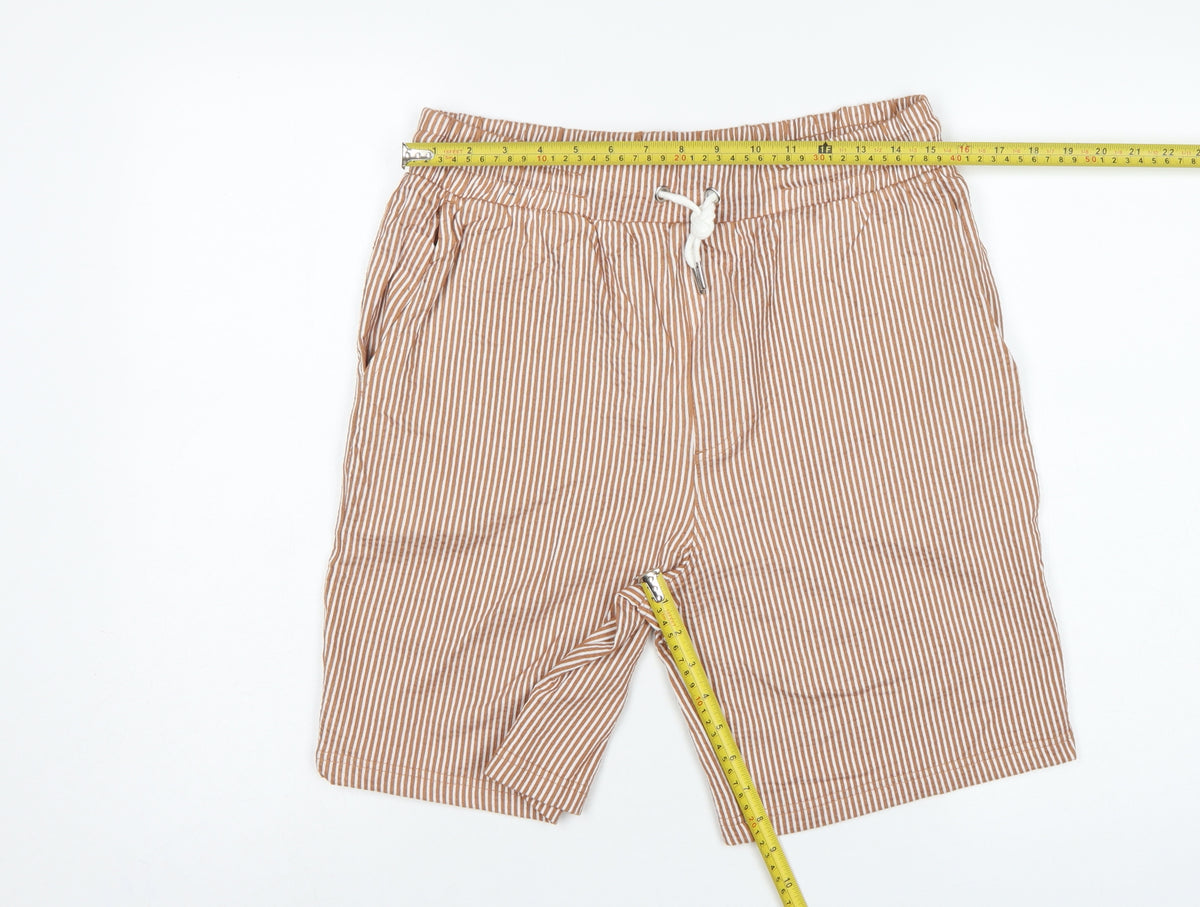 Marks and Spencer Men Beige S Striped Drawstring Casual Shorts
