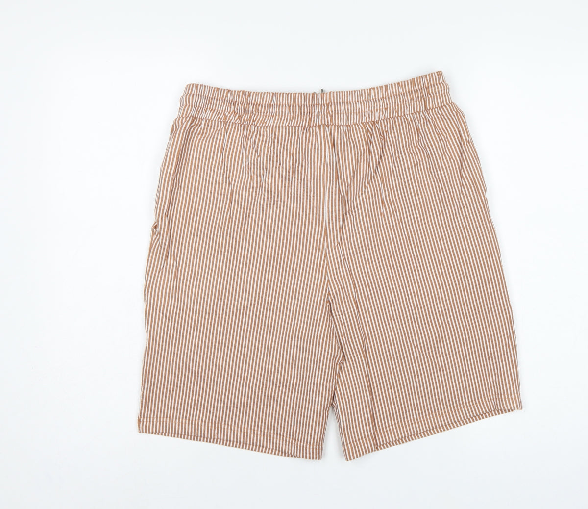Marks and Spencer Men Beige S Striped Drawstring Casual Shorts