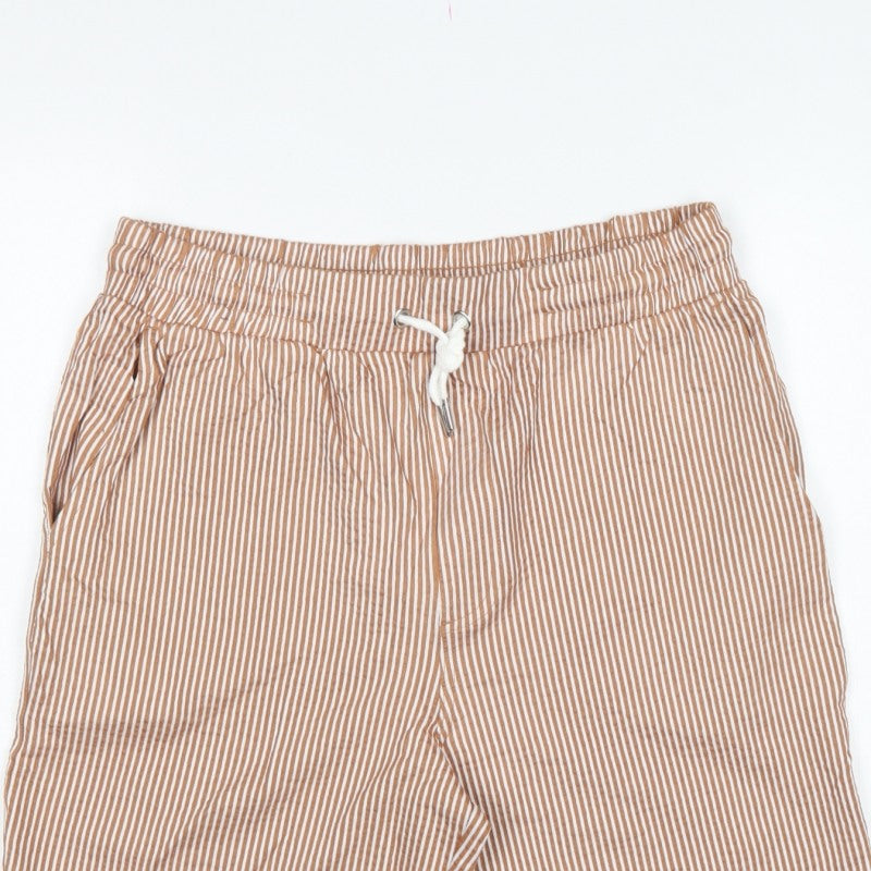 Marks and Spencer Men Beige S Striped Drawstring Casual Shorts