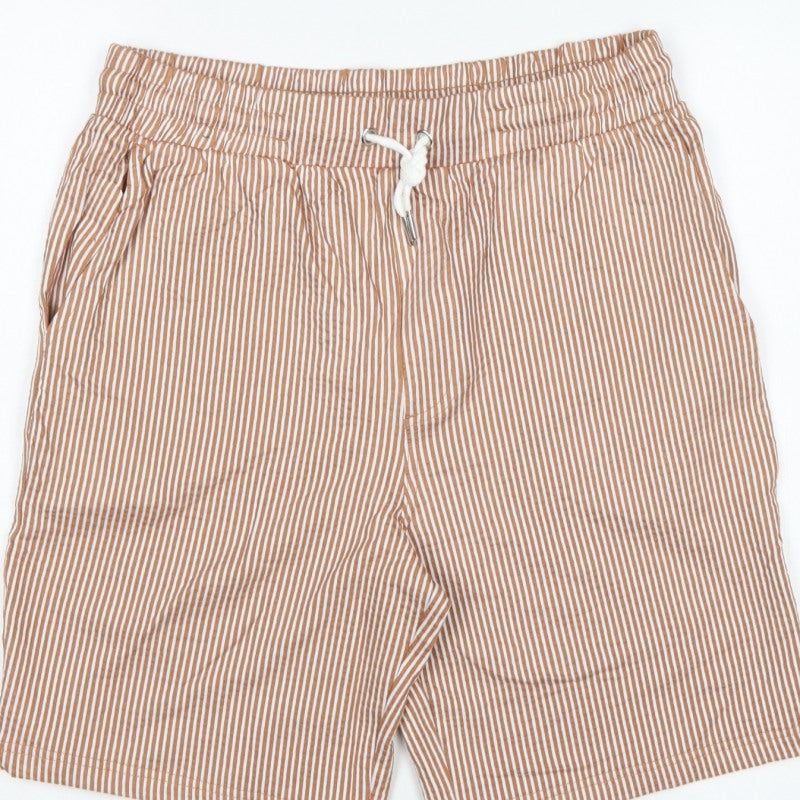 Marks and Spencer Men Beige S Striped Drawstring Casual Shorts