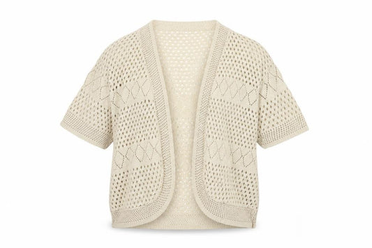 Chic Women Ivory M Open Knit Crochet Short Sleeve Cardigan