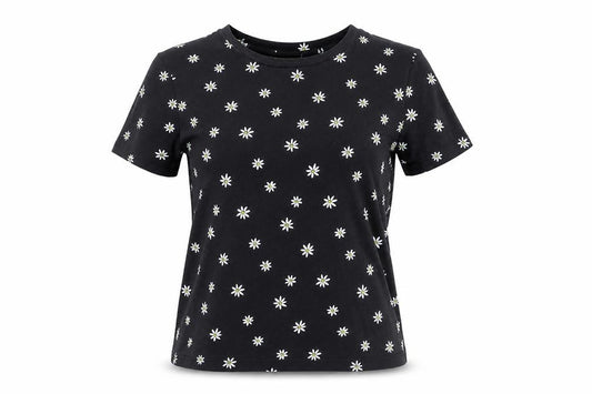 Pull&Bear Women Black Daisy Floral Slim Cotton T-Shirt Size S