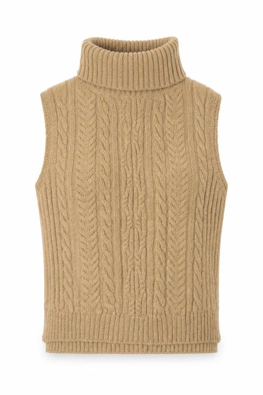 Marks and Spencer Women Beige S Cable Knit Roll Neck Vest Jumper