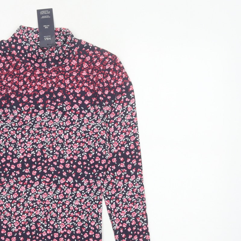 Marks & Spencer Women's Black Pink Floral Stretch Jersey Top UK 6