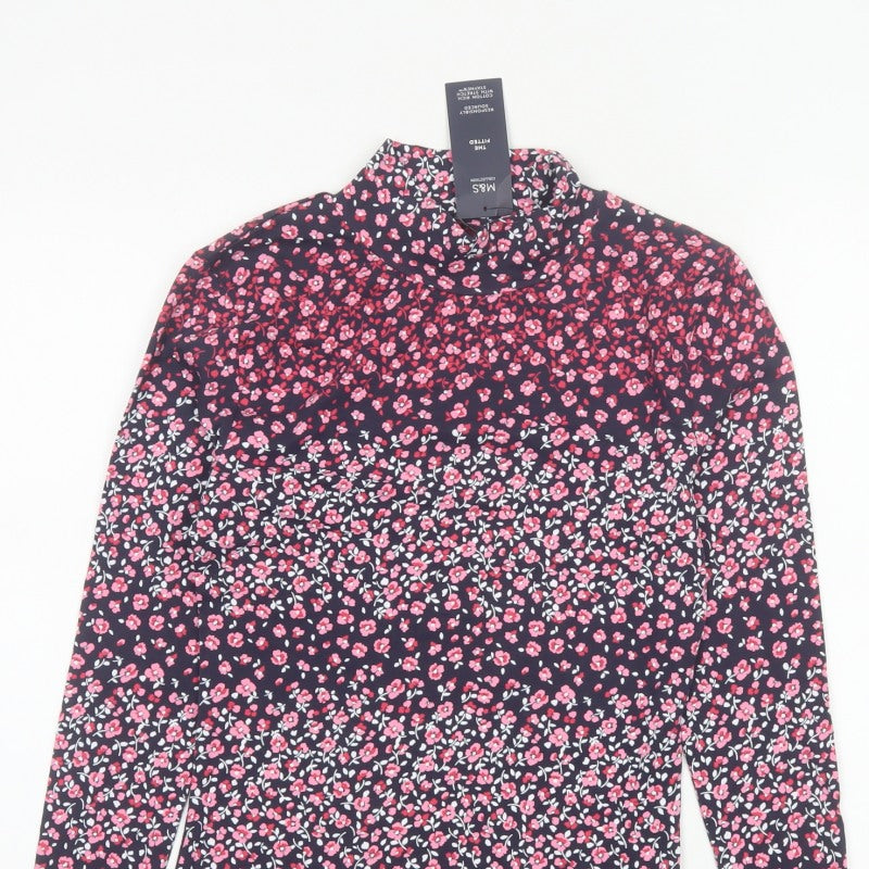 Marks & Spencer Women's Black Pink Floral Stretch Jersey Top UK 6