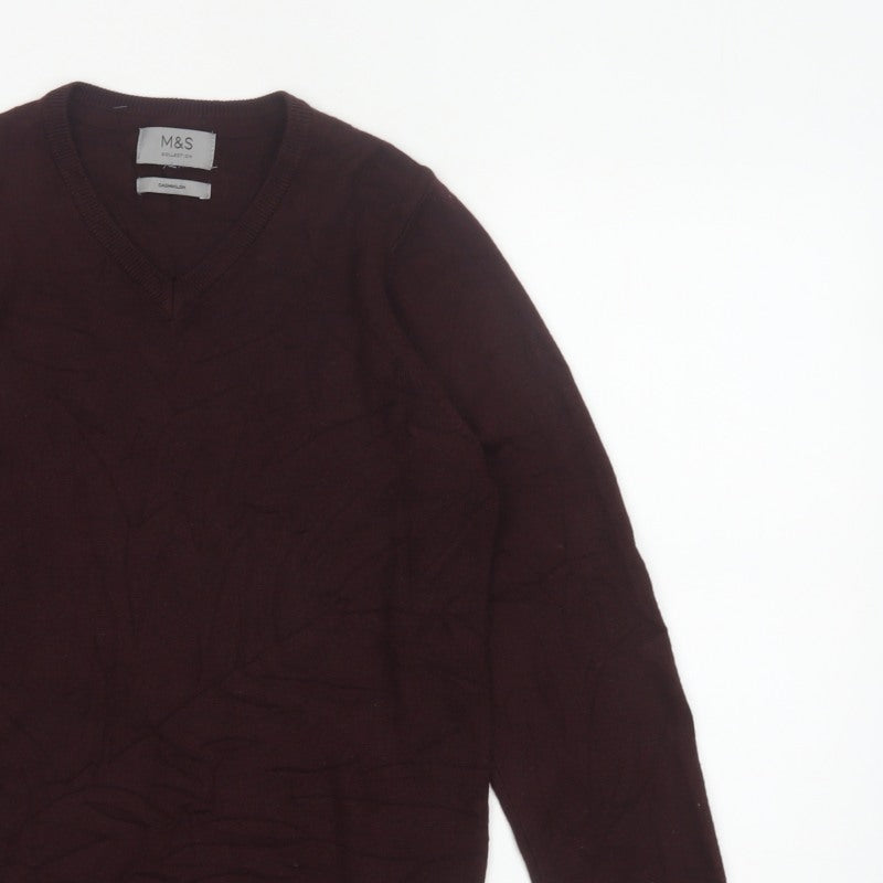 Marks and Spencer Men Brown Small V-Neck Fine Knit Pullover Jumper