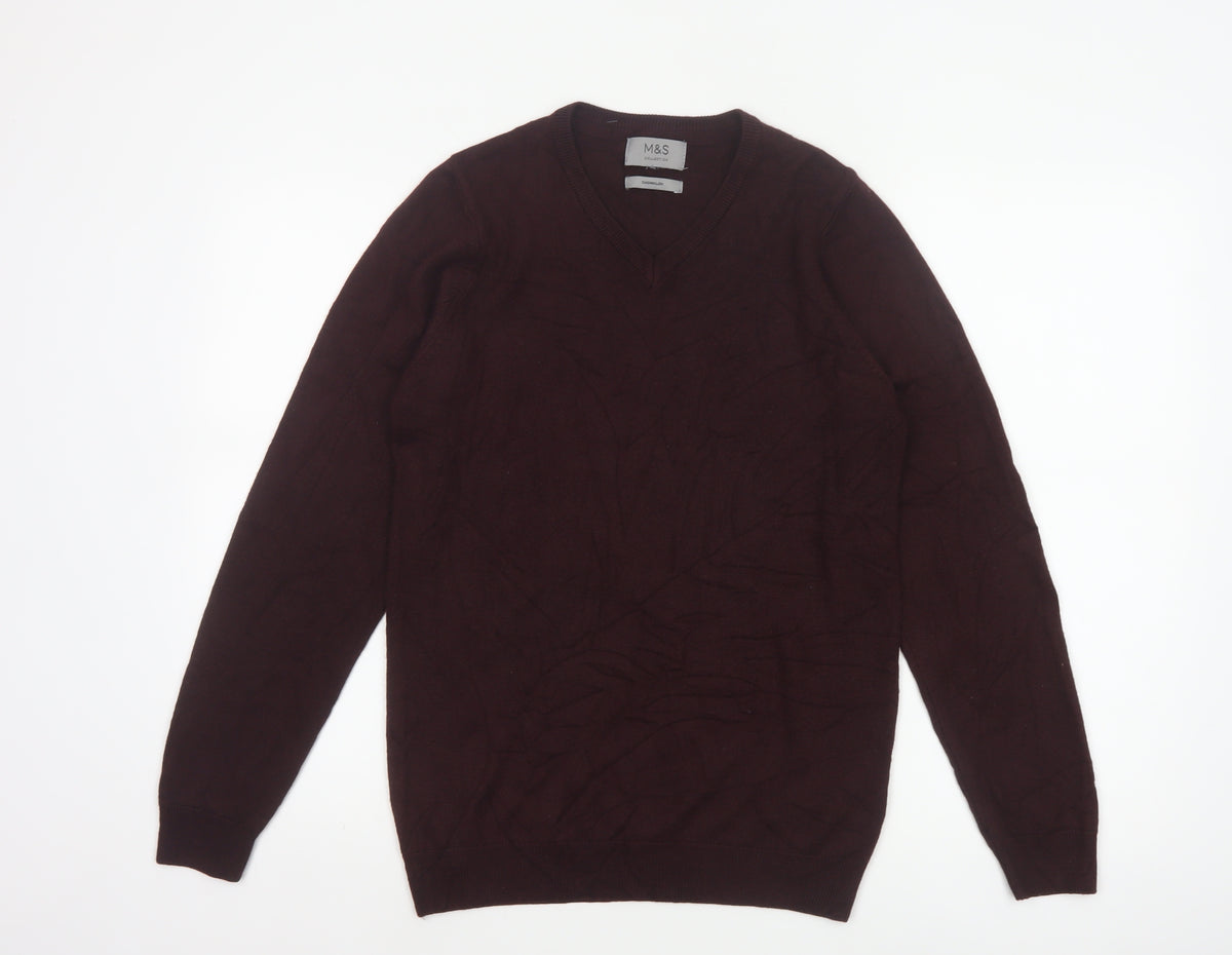 Marks and Spencer Men Brown Small V-Neck Fine Knit Pullover Jumper