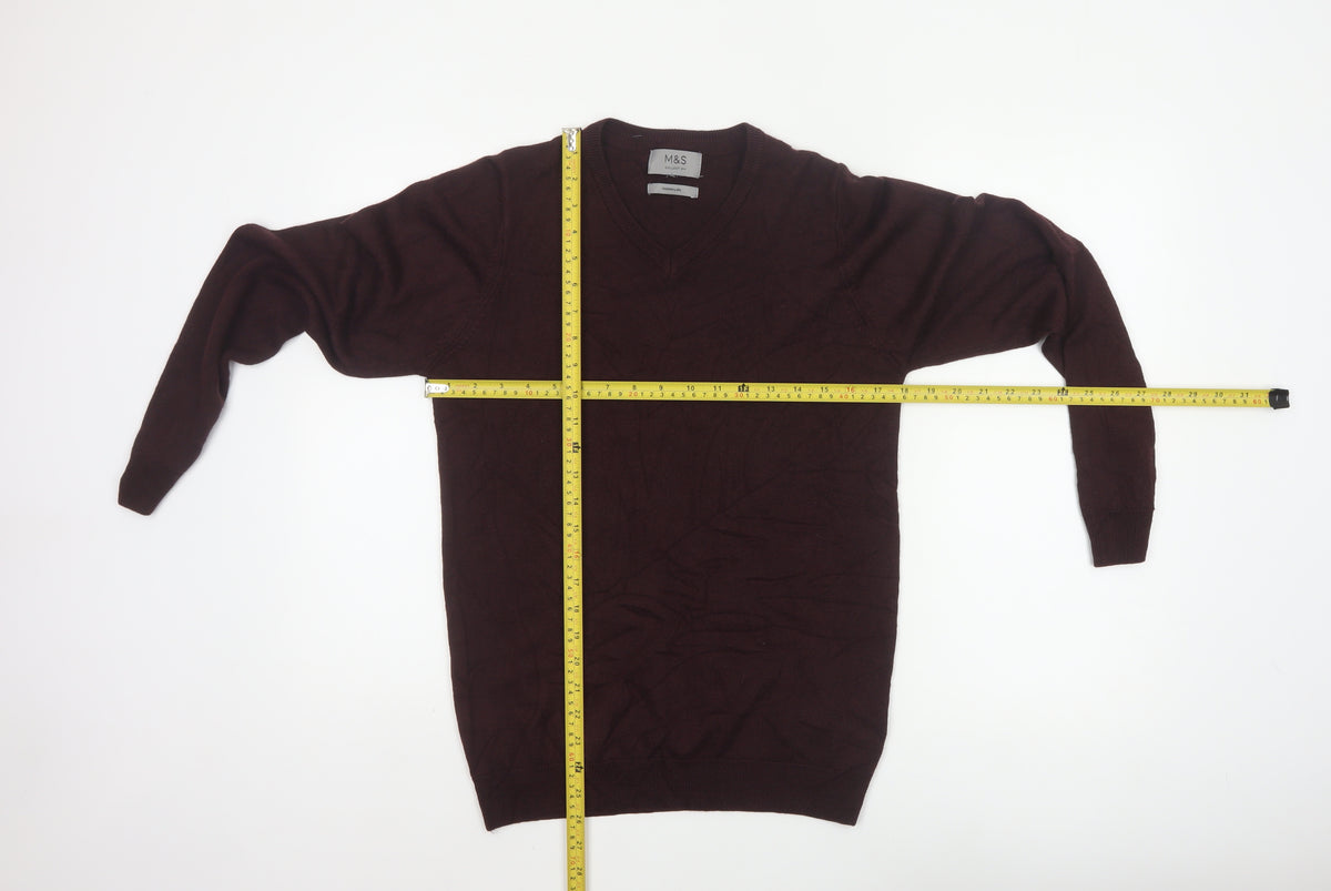 Marks and Spencer Men Brown Small V-Neck Fine Knit Pullover Jumper